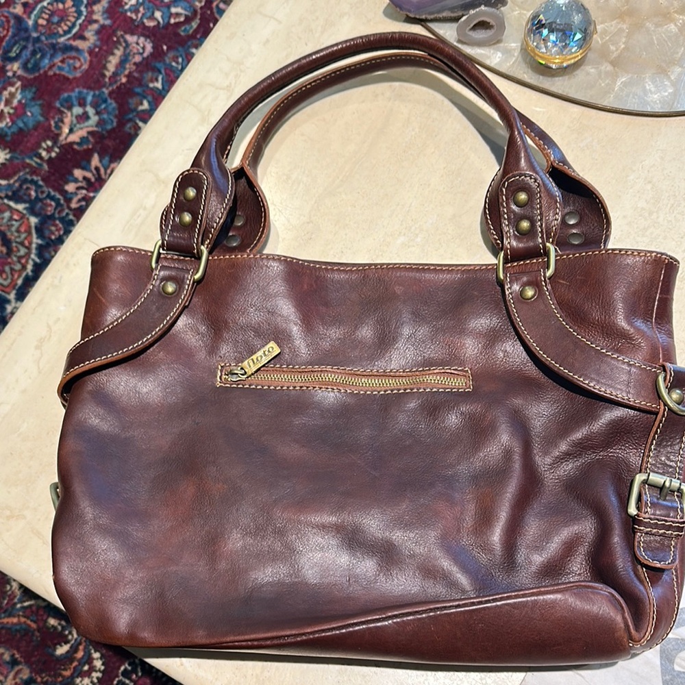 Brown Leather Shoulder Bag with Brass Hardware